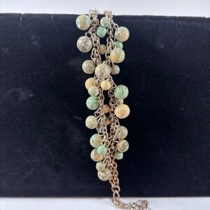Vintage Multi-Chain Beaded Charm Bracelet Green Tan‎ Swirl Resin Ball Beads 8"
